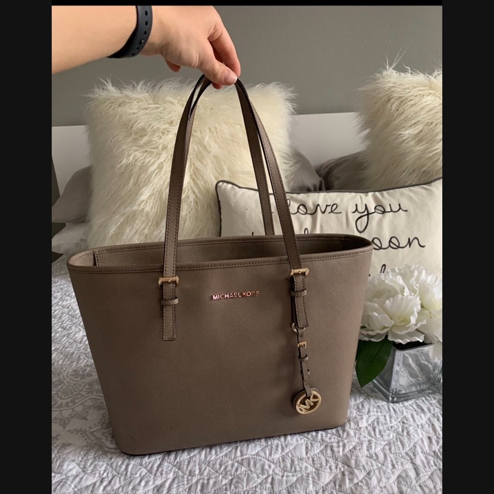 Michael Kors Brown Tote with Textured Leather and Gold Charm
